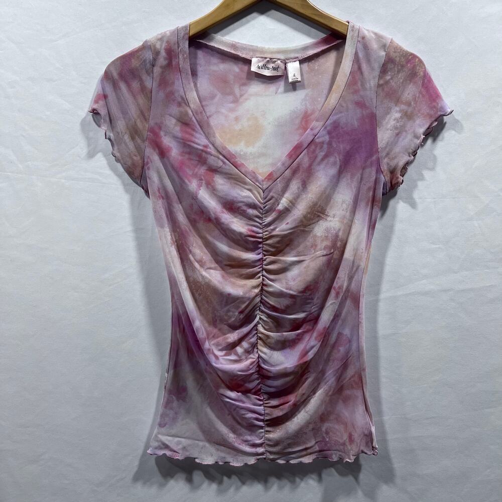 Willow & Root  Ruched Tie Dye Mesh Top‎ V-Neck Pink Women's Size Small